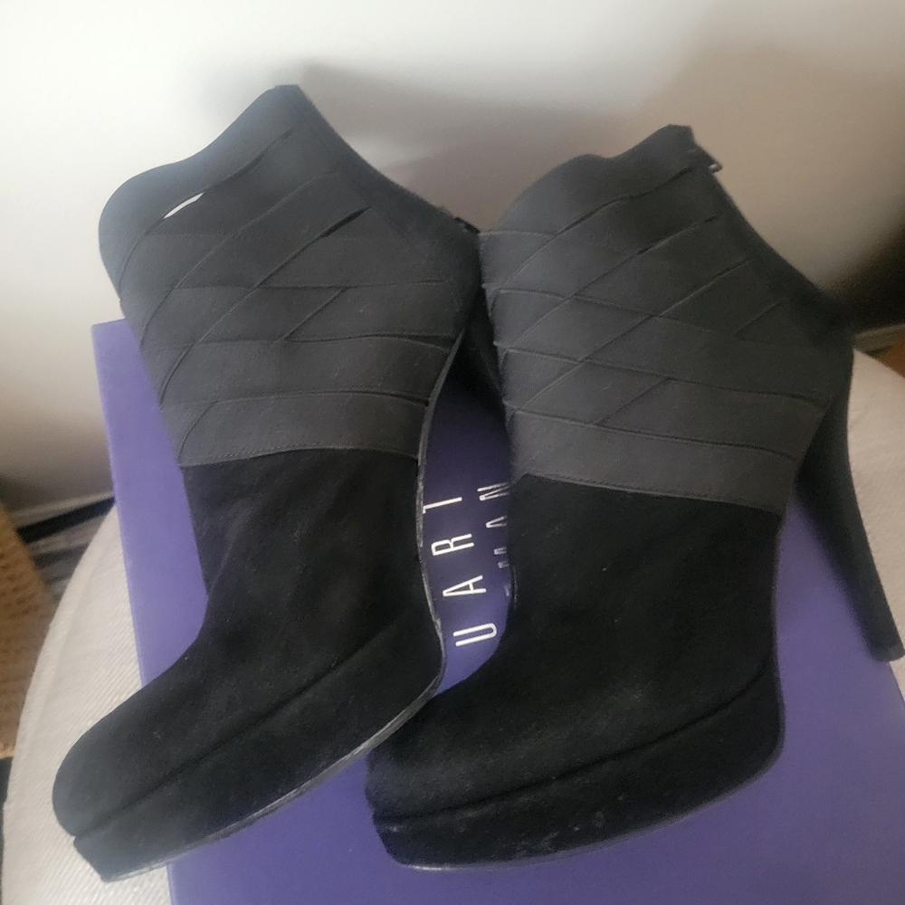 Stuart Weitzman black suede mini bootie with a very high heel